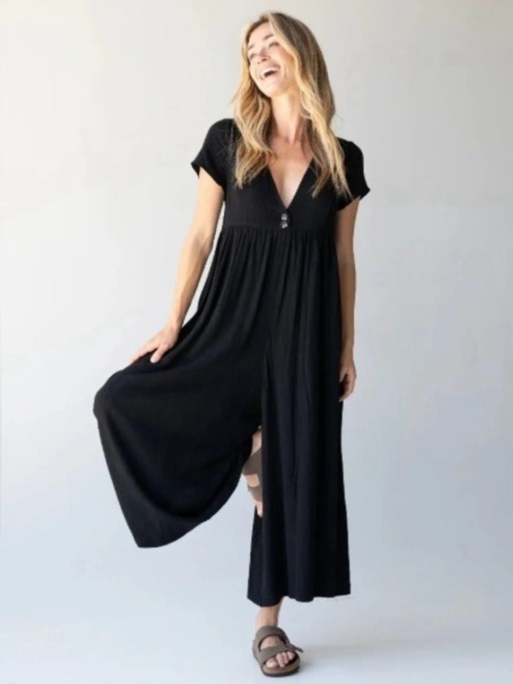 Natural Life Avery Black Wide Leg Jumpsuit Short Sleeve Linen Blend Cropped